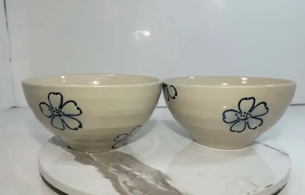 Pier One Imports Blue Hibiscus Flower Stoneware Bowls Set of Two